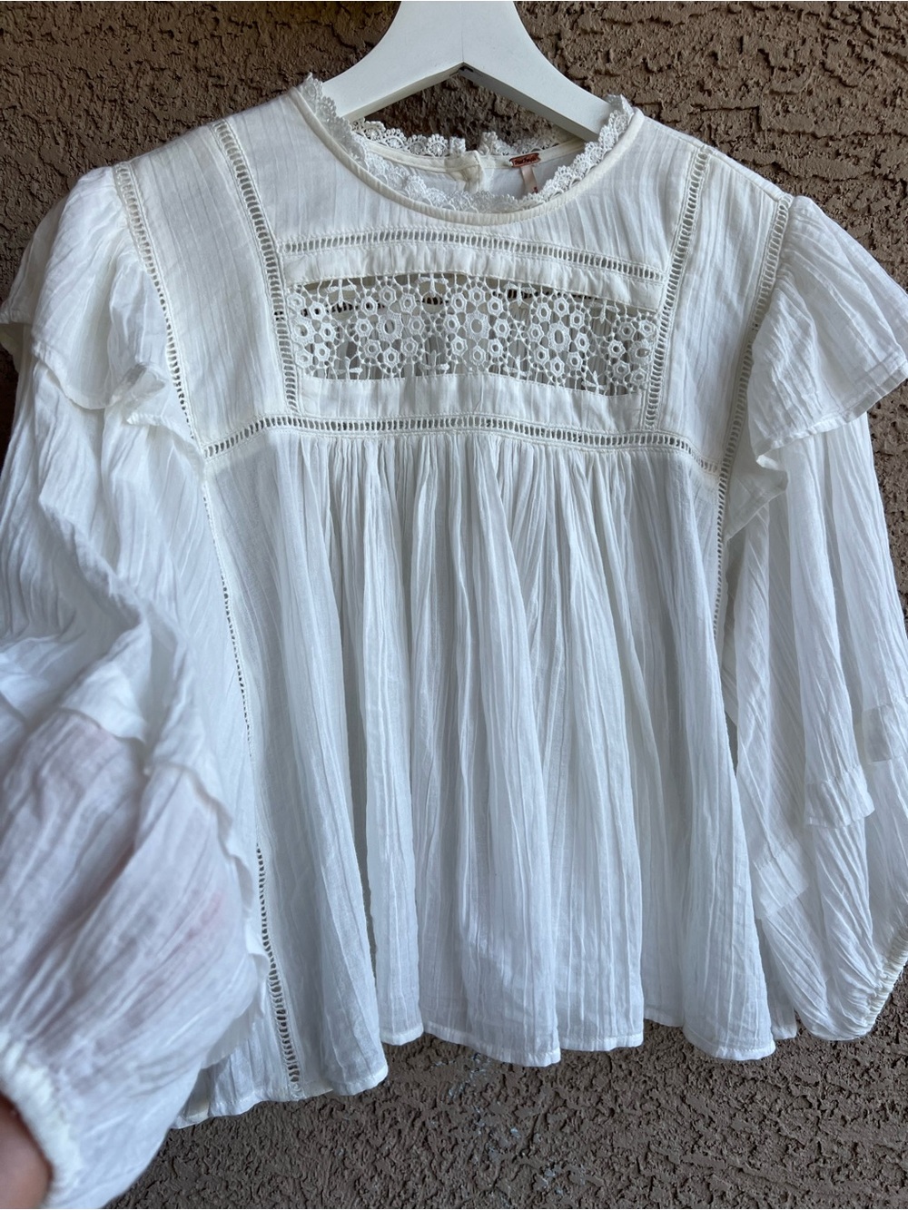 Free People White Lace Yoke Peasant Top - Picture 3 of 6